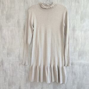 Sundays Knit Sweater Dress Women’s Small Fold Over Turtle Neck Flared Hem Beige